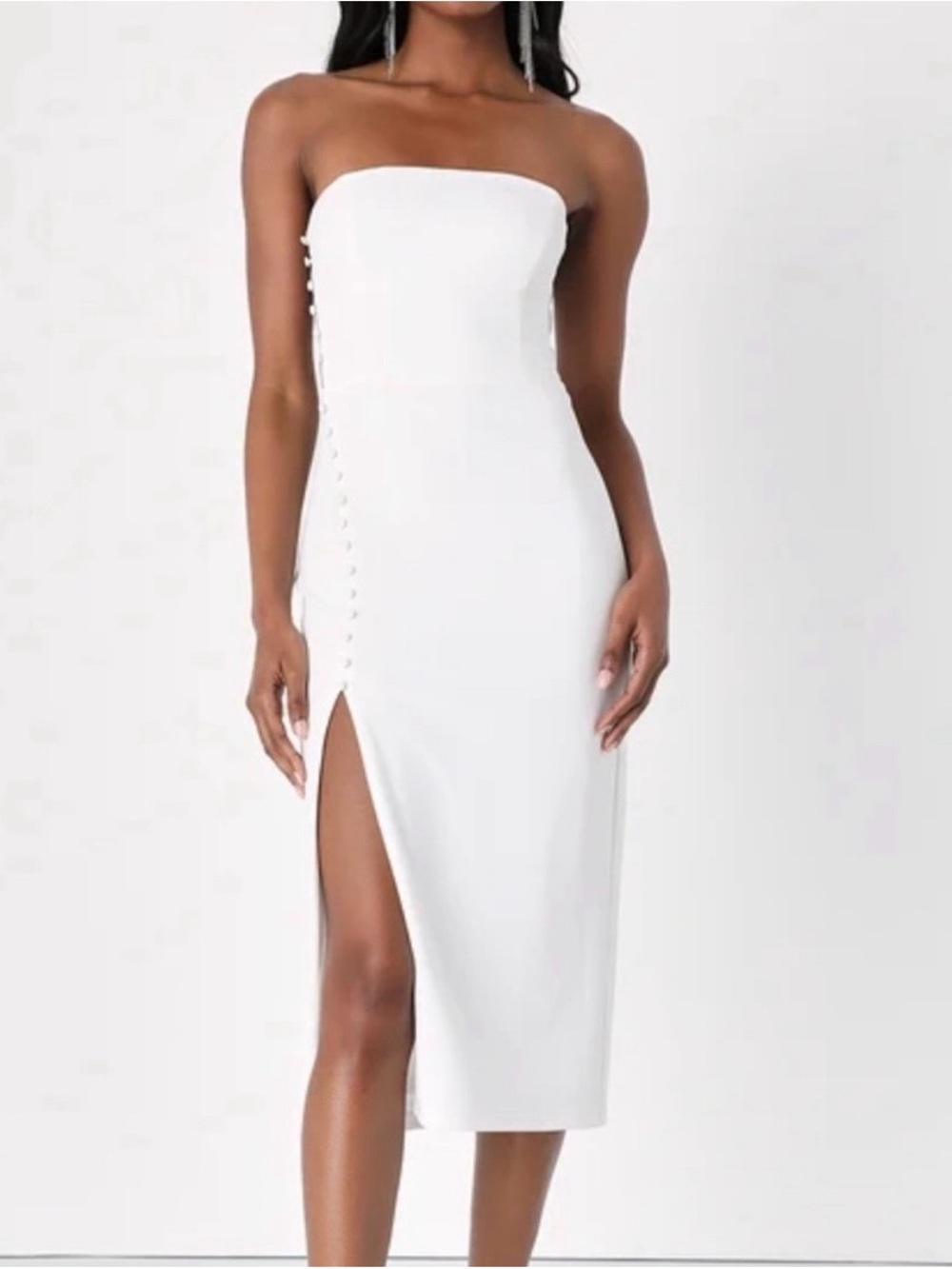 Lulu’s Strapless White Midi Dress with Side Slit